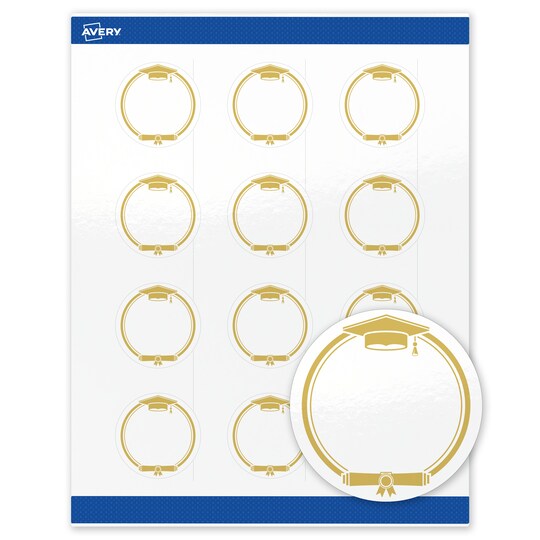 Avery® Printable Round Labels, 2" Diameter, Glossy White, Sure Feed® Technology, Pre-printed Gold Graduation Cap Design Great for Grad Parties, Laser & Inkjet Compatible, 120 Total